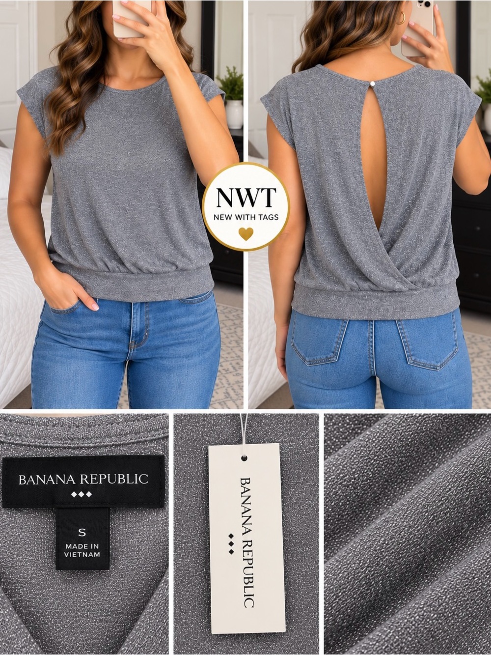 Banana Republic Silver-Gray Shimmer Cap-Sleeve Twist-Back Top